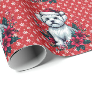 Floral festlicher maltesischer Hund mit Weihnachts Geschenkpapier