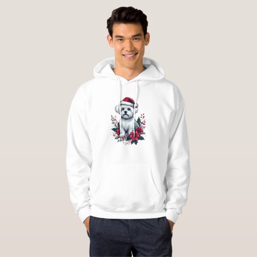 Floral festlicher maltesischer Hund mit Weihnachts Hoodie (Vorne ganz)