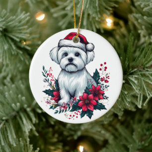 Floral festlicher maltesischer Hund mit Weihnachts Keramik Ornament