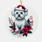Floral festlicher maltesischer Hund mit Weihnachts Keramik Ornament (Vorne)