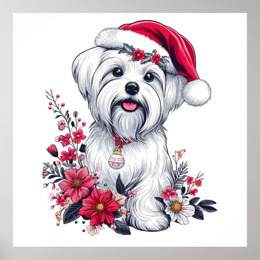 Floral festlicher maltesischer Hund mit Weihnachts Poster (Vorne)
