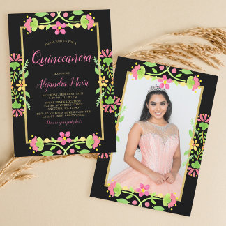 Floral Fiesta Black Gold Quinceanera Foto Einladung