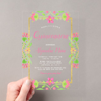 Floral Fiesta Pink Gold Quinceanera Acryleinladungen