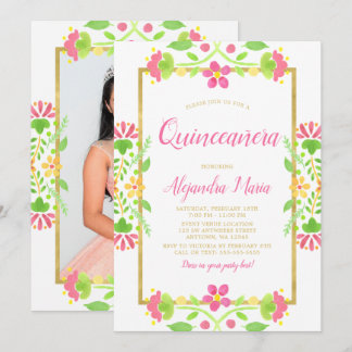 Floral Fiesta White Gold Quinceanera Foto Einladung