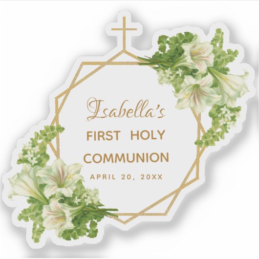 Floral First Communion Gold White Lilies Geometric Aufkleber (Vorderseite)
