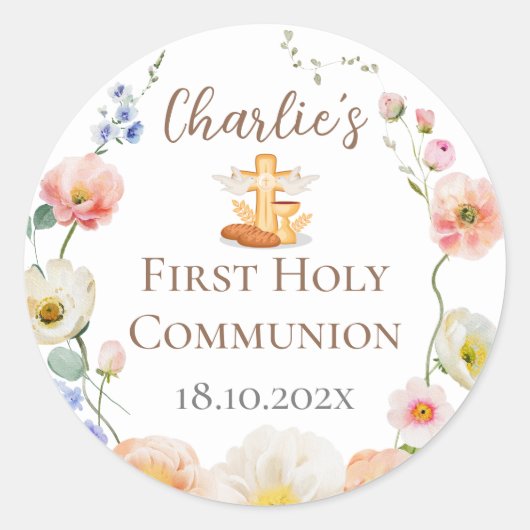 Floral First Communion Stikers Runder Aufkleber (Vorderseite)