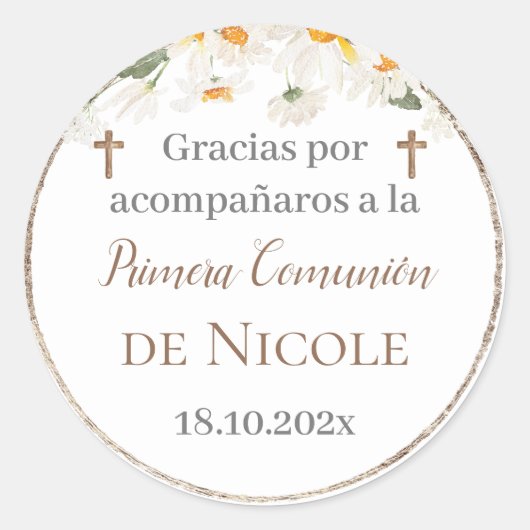 Floral First Communion Stikers Runder Aufkleber (Vorderseite)