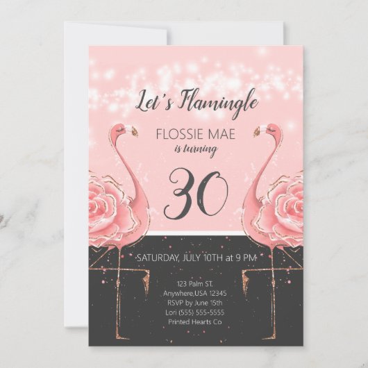 Floral Flamingo Birthday Einladung | Rose Gold (Vorderseite)