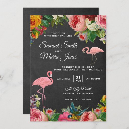 Floral Flamingo Chalkboard Hochzeit Einladung (Vorne/Hinten)