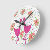 Floral Flamingo Fiesta Runde Wanduhr (Winkel)