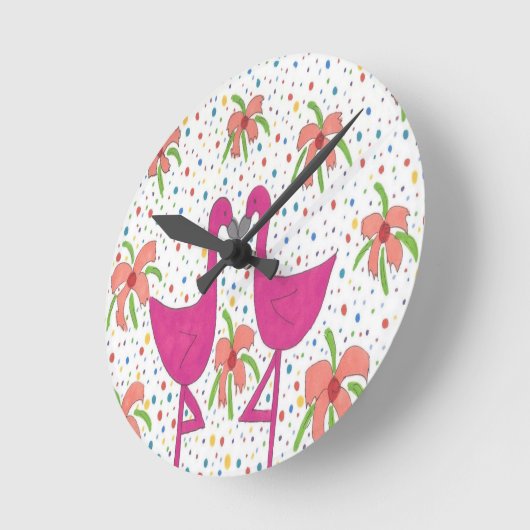 Floral Flamingo Fiesta Runde Wanduhr (Winkel)