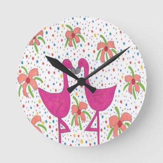 Floral Flamingo Fiesta Runde Wanduhr (Vorderseite)