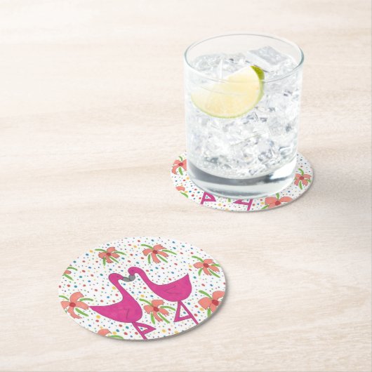 Floral Flamingo Fiesta Runder Pappuntersetzer (Vor Ort)