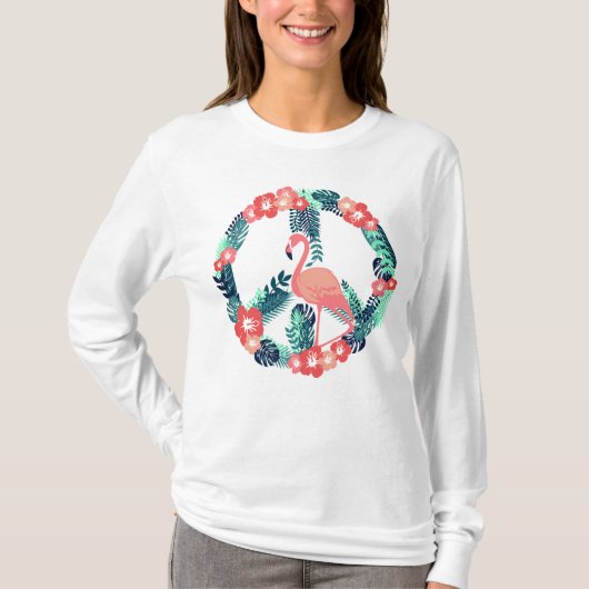 Floral Flamingo Peace Sign Niedlich Pink T - Shirt (Vorderseite)