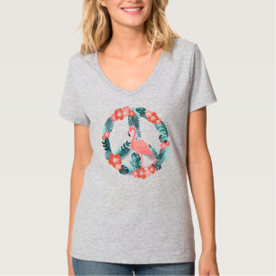 Floral Flamingo Peace Sign Niedlich Pink T-Shirt