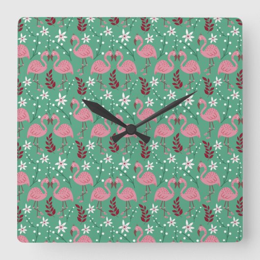 Floral flamingo seamless pattern pink green quadratische wanduhr (Vorderseite)