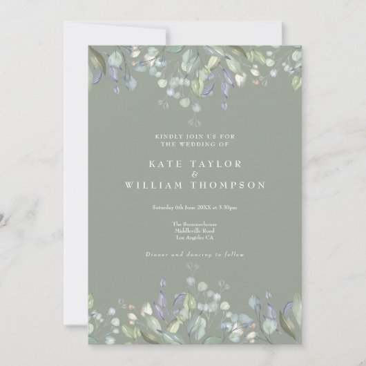 Floral Flieder Grün Sagegrün QR-Code Hochzeit Einladung (Vorderseite)