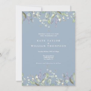 Floral Flieder Grünzeug Staubblau QR-Code Hochzeit Einladung