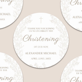 Floral Flowers Christening Cross Baptism Thank You Runder Aufkleber