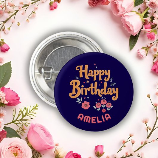 Floral Flowers Happy Birthday Handlettering Button