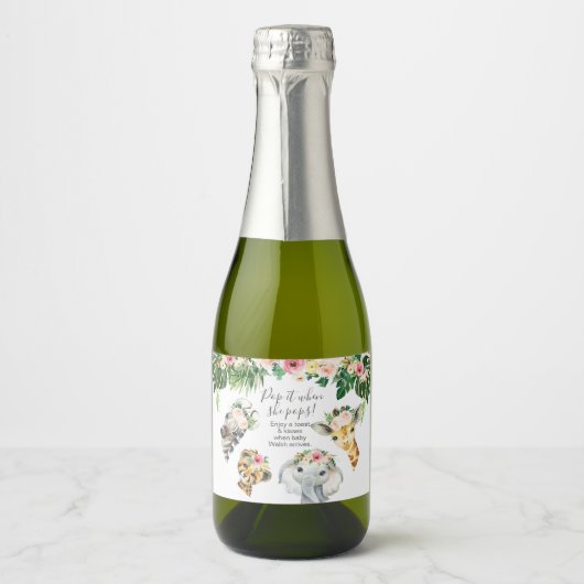 Floral Foliage Safari Babydusche Pop It Schaumweinetikett (Vorderseite)
