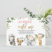 Floral Foliage Wild One Safari Tiere Geburtstag Einladung (Stehend Vorderseite)