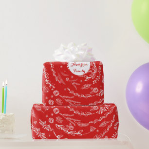 Floral Folk Art Antler Red Christmas Pattern Geschenkpapier