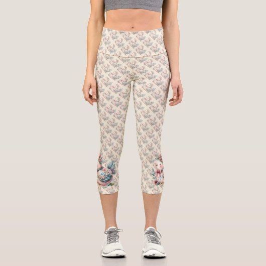 Floral Folk Bird mit Pastel Boho Charm Capri Leggings (Vorderseite)