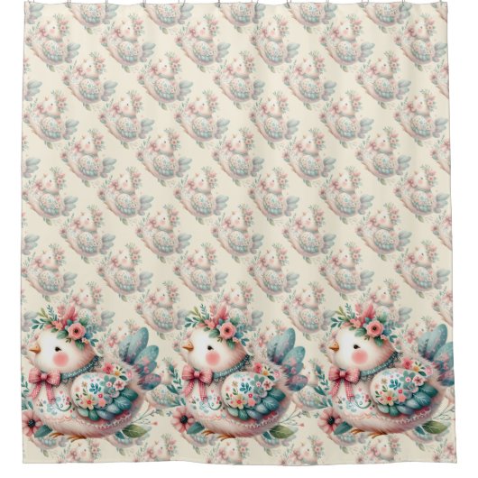 Floral Folk Bird mit Pastel Boho Charm Duschvorhang (Vorderseite)