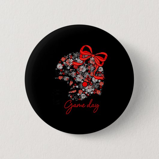 Floral Football Game Day Girly Team Srit Black Red Button (Vorderseite)