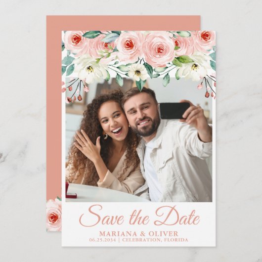 Floral-Foto-Save the Date-Karte anbringen Einladung (Vorne/Hinten)