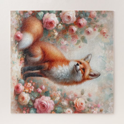 Floral Fox Whimsy - Red Fox in Rose Garden Puzzle (Horizontal)