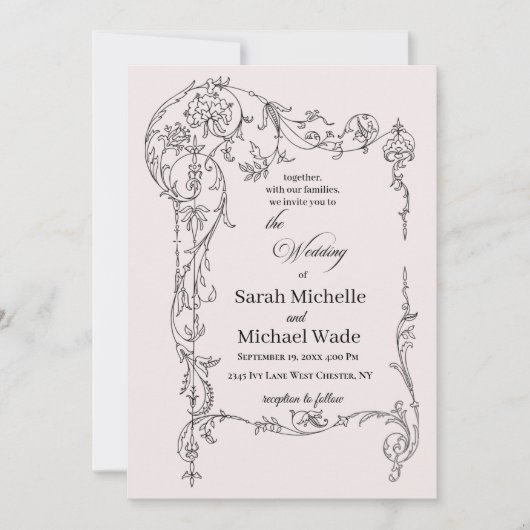 Floral Frame Calligraphy Wedding Invitation Einladung (Vorderseite)