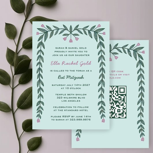Floral Frame Custom QR Code Bat Mitzvah Girl Einladung