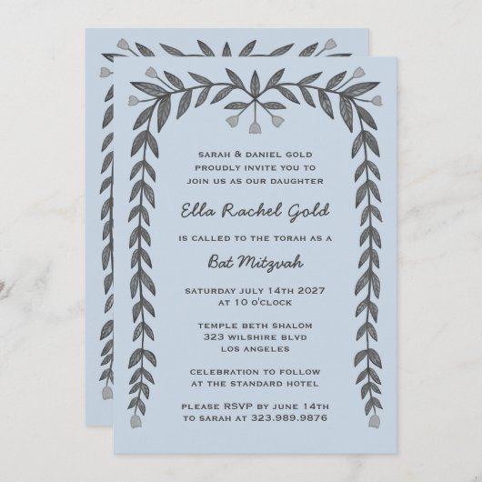 Floral Frame Custom QR Code Moderne BarBat Mitzvah Einladung (Vorne/Hinten)