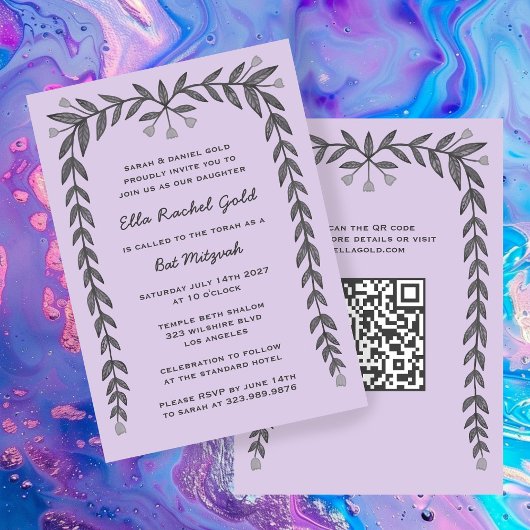 Floral Frame Custom QR Code Moderne BarBat Mitzvah Einladung