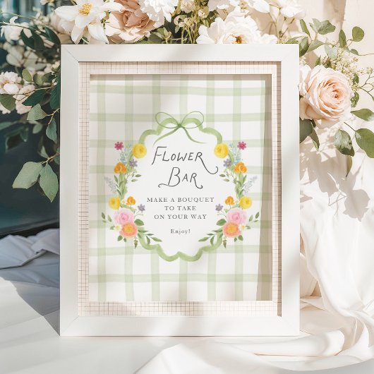 Floral Frame Green Gingham Baby Shower Flower Bar Poster