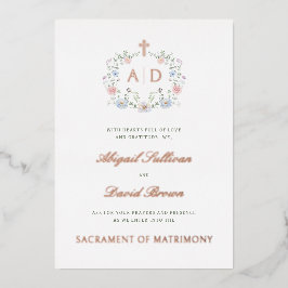 Floral Frame Monograms Catholic Wedding Folieneinladung