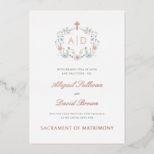 Floral Frame Monograms Catholic Wedding Folieneinladung (Vorderseite)