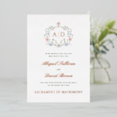 Floral Frame Monograms Catholic Wedding Folieneinladung (Stehend vorne)