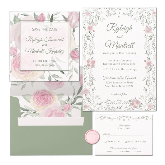 Floral Frame Pink Roses and Greenery Romantic Einladung