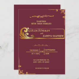 Floral Frame Plum und Gold Islamische Hochzeit Einladung