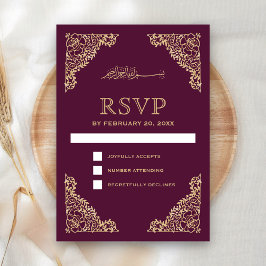 Floral Frame Plum und Gold Islamische Hochzeit RSVP Karte
