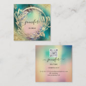 Floral Frame QR Code Logo Aquamarine Rose Gold Quadratische Visitenkarte (Vorne/Hinten)