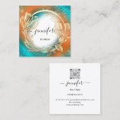 Floral Frame QR Code Logo Gold Aquamarin Coral Quadratische Visitenkarte (Vorne/Hinten)