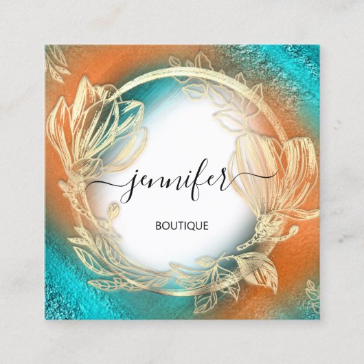 Floral Frame QR Code Logo Gold Aquamarin Coral Quadratische Visitenkarte (Vorderseite)
