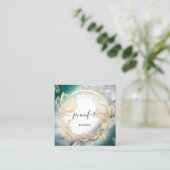 Floral Frame QR Code Logo Gold Aquamarin Grau Quadratische Visitenkarte (Stehend Vorderseite)