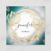 Floral Frame QR Code Logo Gold Aquamarin Grau Quadratische Visitenkarte (Vorderseite)