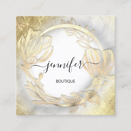 Floral Frame QR Code Logo Gold Grau Shop Quadratische Visitenkarte (Vorderseite)
