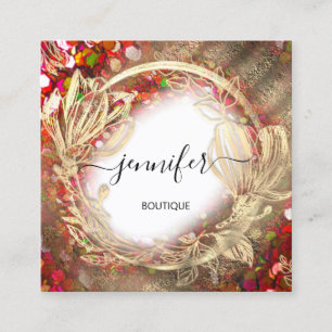 Floral Frame QR Code Logo Gold Red Confetti Royal Quadratische Visitenkarte